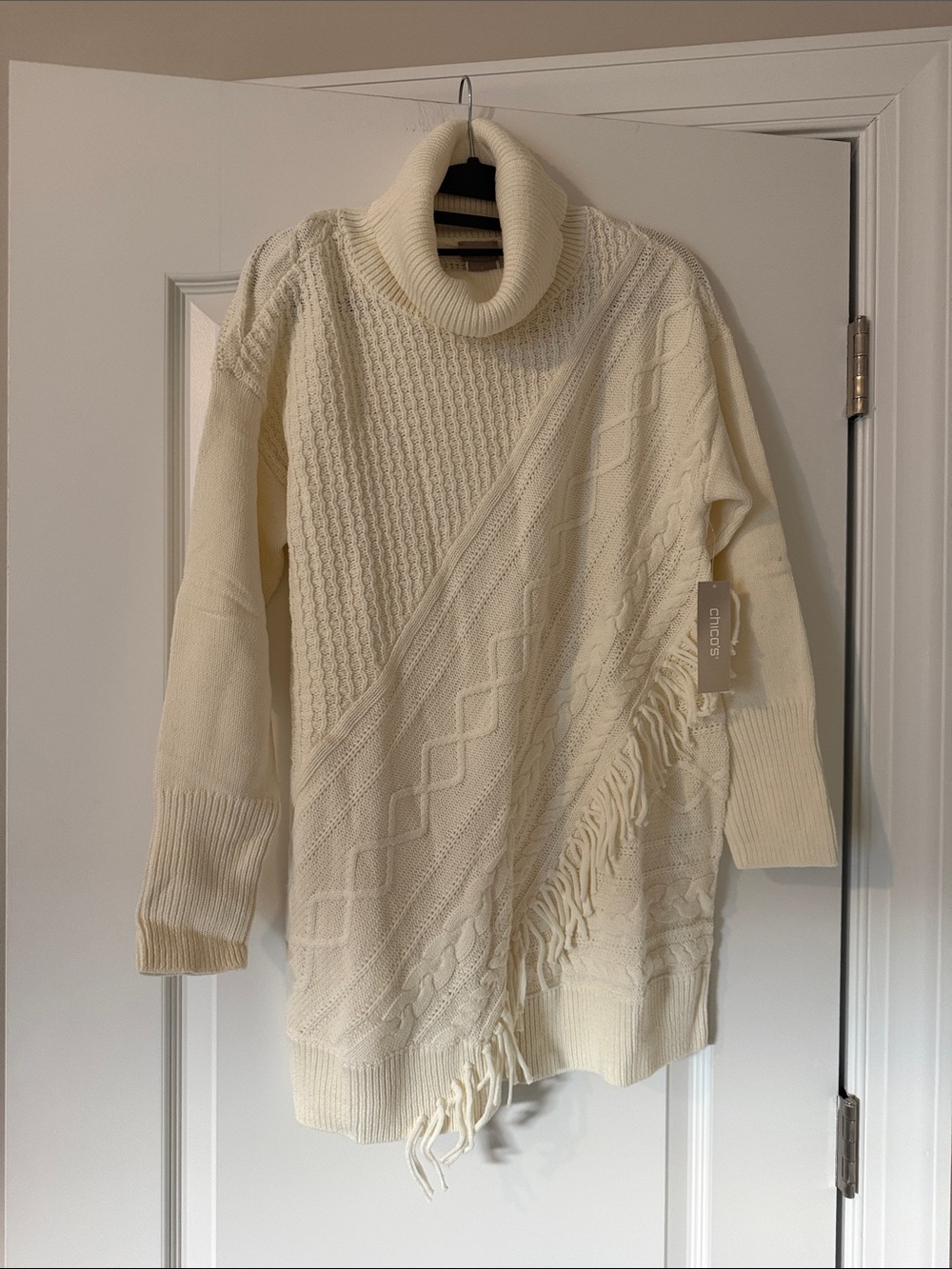 Chico's Ivory Cable Knit Fringe Turtleneck Sweater
